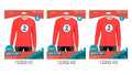 Bright red long-sleeved top; White circular chest graphic with a black number 2; Crew neckline; Packaging displays small, medium and large size labels;