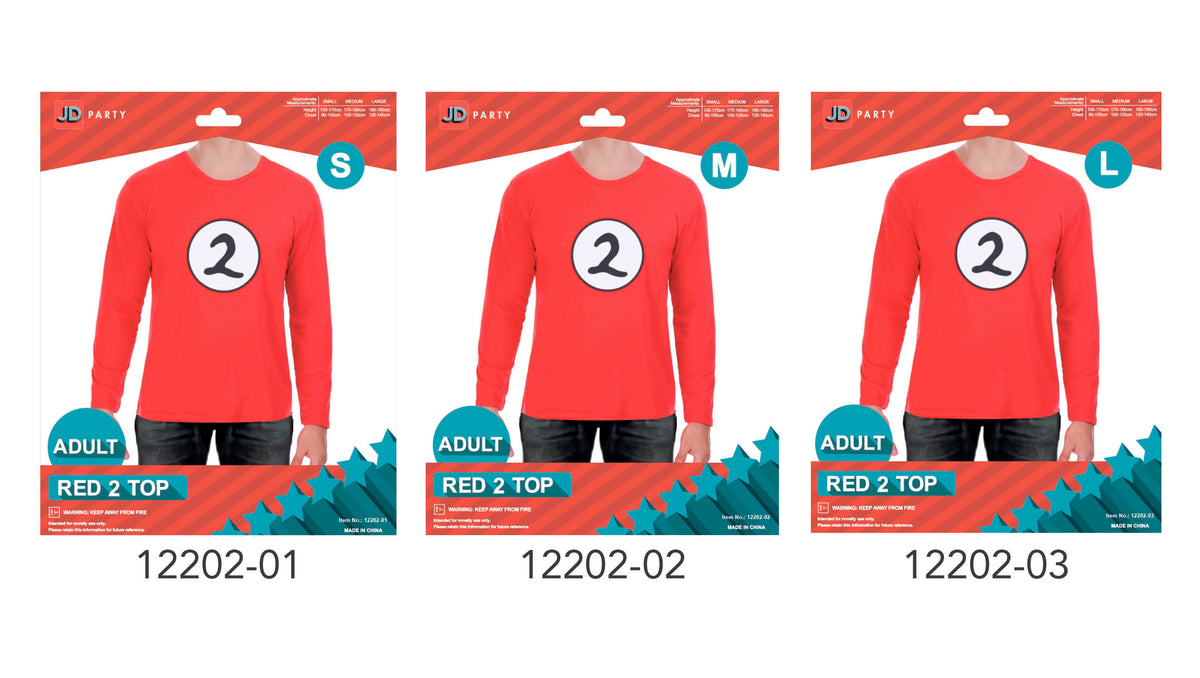 Bright red long-sleeved top; White circular chest graphic with a black number 2; Crew neckline; Packaging displays small, medium and large size labels;
