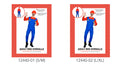 Bright red long-sleeved top; Blue overalls-style jumpsuit with yellow buttons; Red cap and black moustache; Shown on red patterned costume packaging;