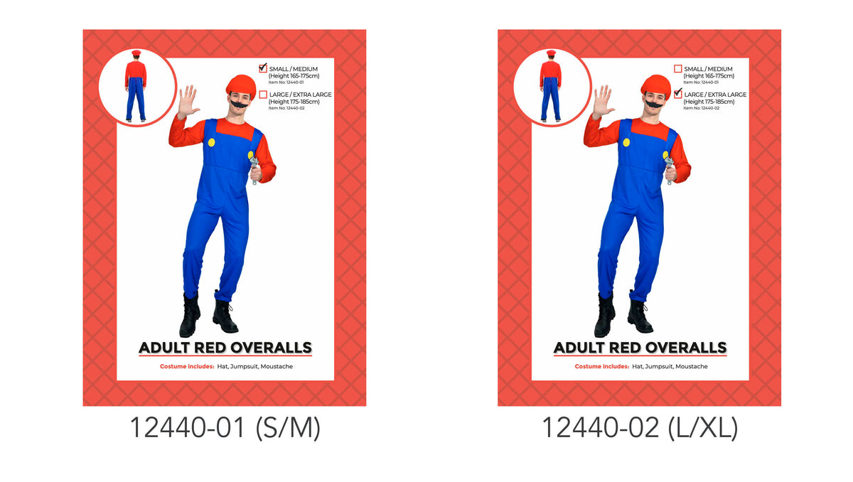 Bright red long-sleeved top; Blue overalls-style jumpsuit with yellow buttons; Red cap and black moustache; Shown on red patterned costume packaging;