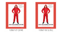 Bright red, full-length hooded jumpsuit; Front zip down the centre; Character mask with a moustache; Black shoes shown with the costume;