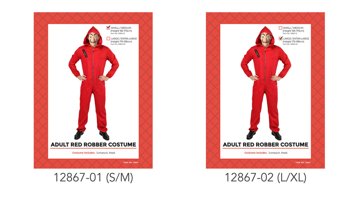 Bright red, full-length hooded jumpsuit; Front zip down the centre; Character mask with a moustache; Black shoes shown with the costume;