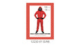 Red hooded full-length jumpsuit; Black face mask with a white square detail; Black belt; Packaging indicates S/M size;