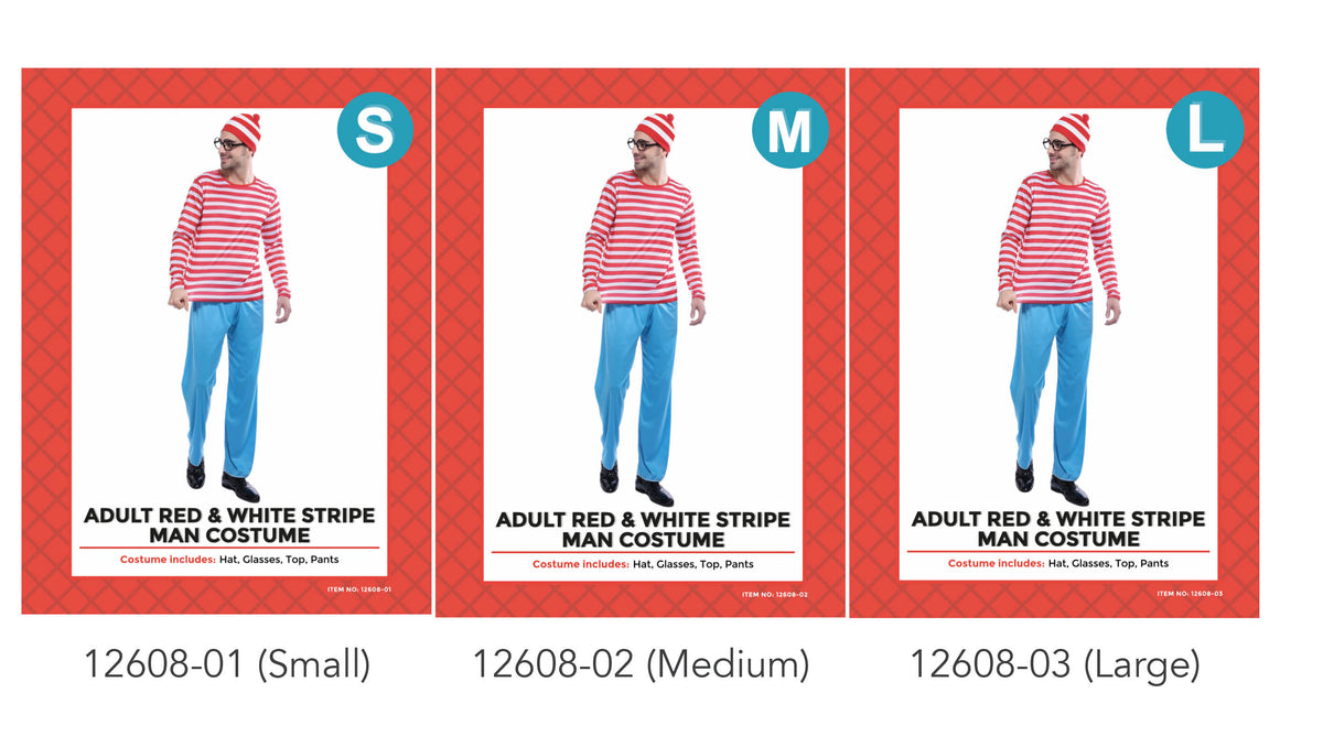 Red and white horizontal stripes on the long-sleeved top; Blue trousers; Red and white striped hat; Packaging lists a hat, glasses, top and pants as included;
