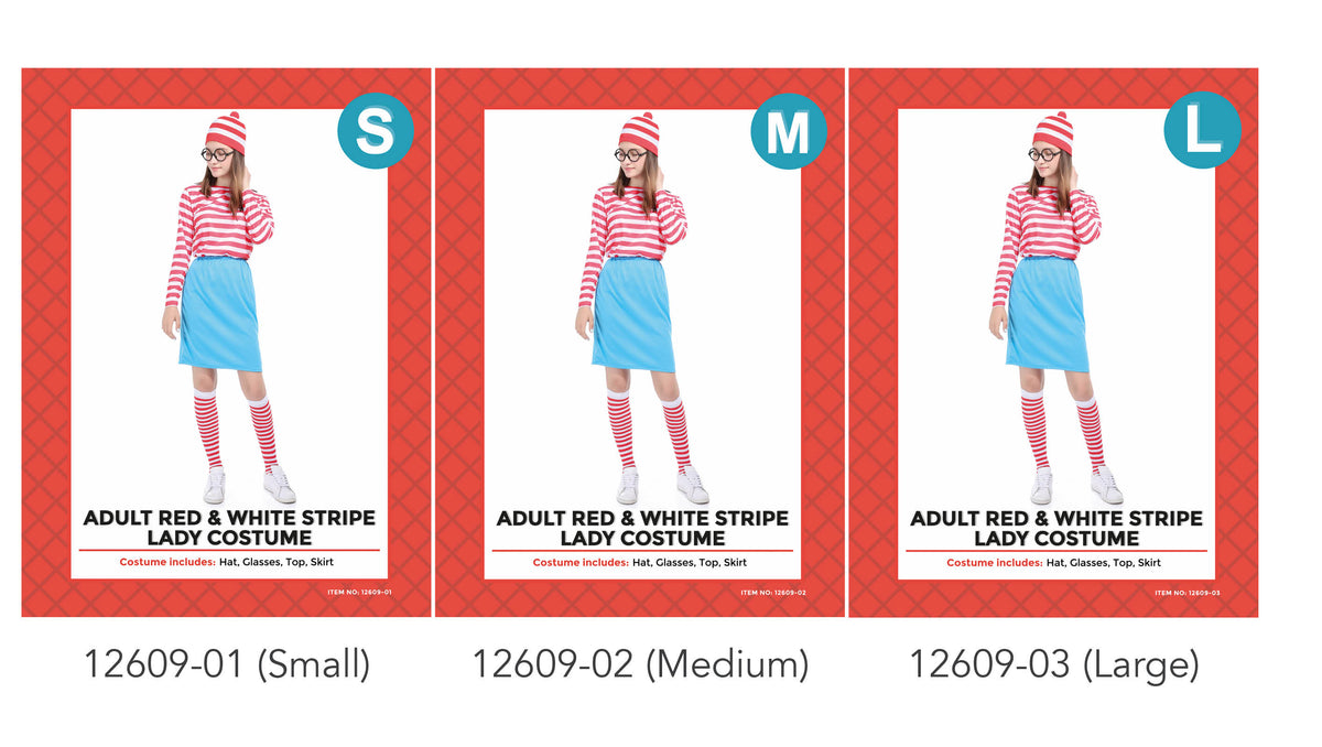 Red and white striped long-sleeve top; Blue knee-length skirt; Matching striped hat; Round black glasses;