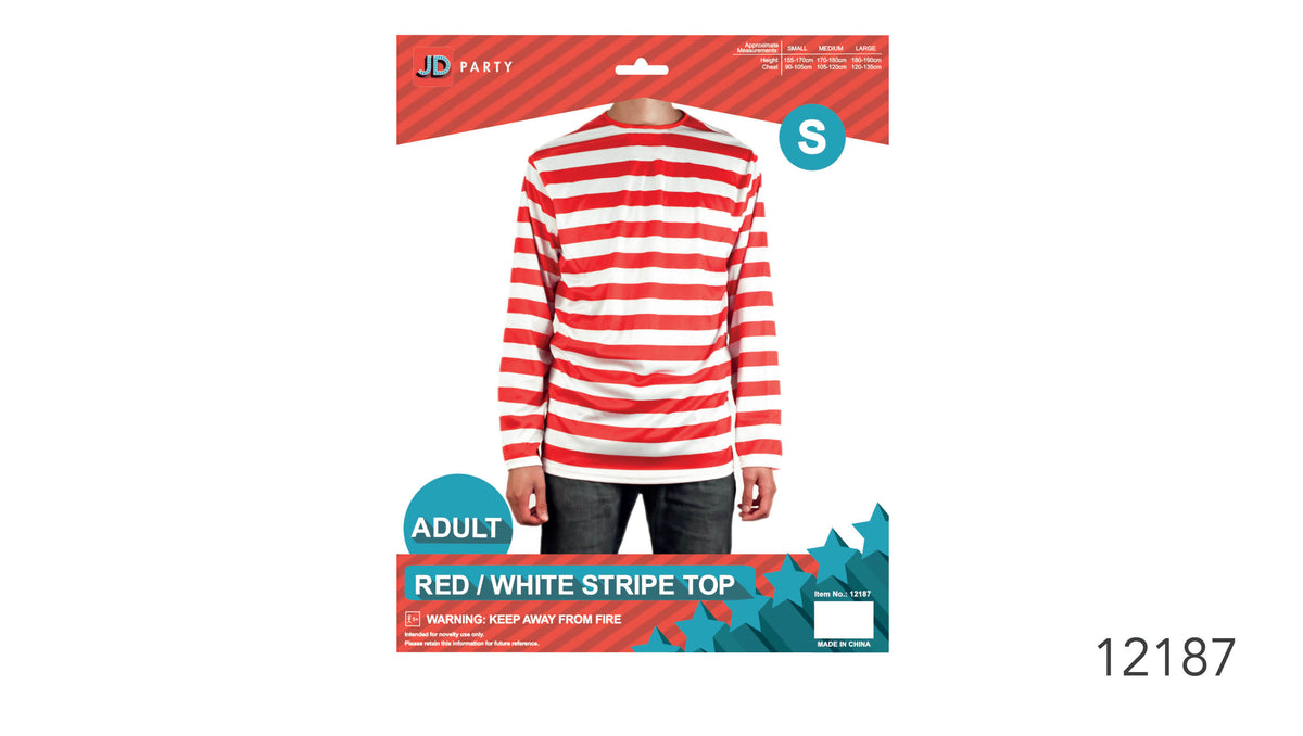 Red and white horizontal stripes; Long sleeves; Round neckline; Top shown on packaging with a size S badge;
