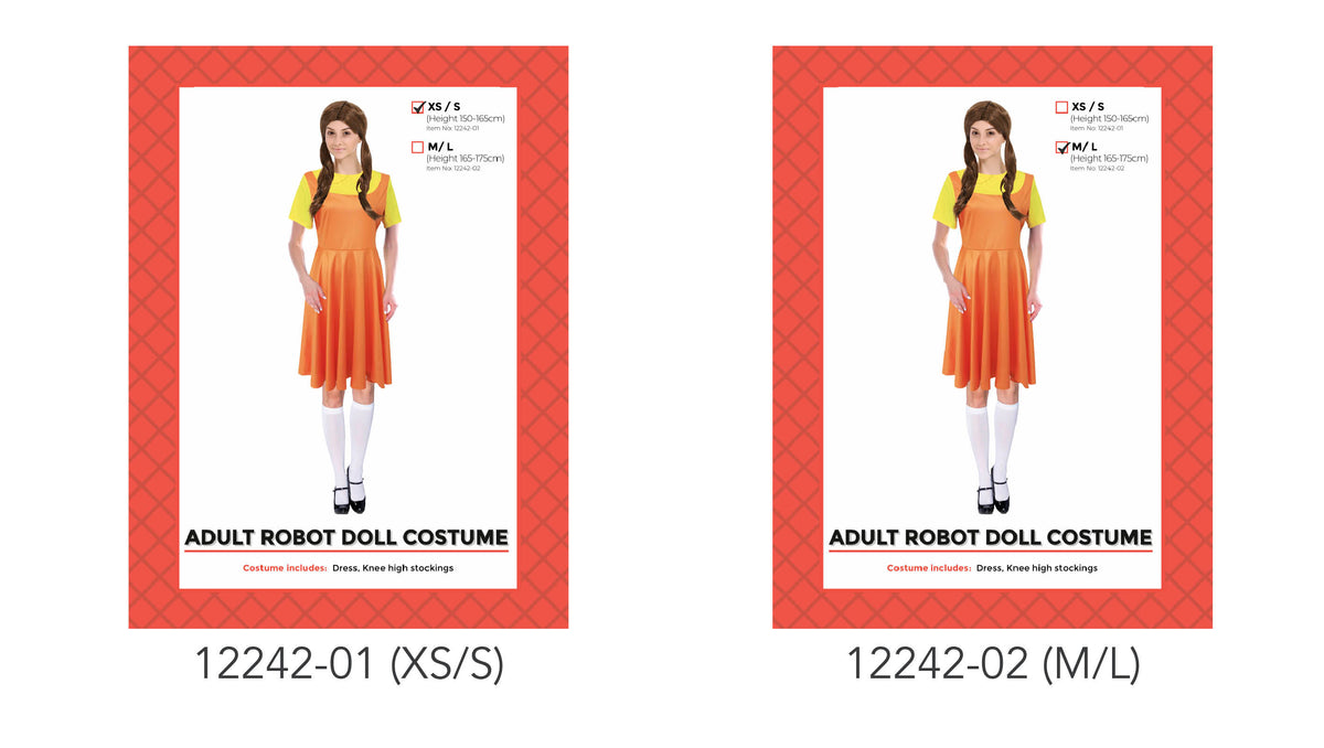 Orange flared dress with a yellow short-sleeved top; Knee-high white stockings shown; Packaging shows XS/S and M/L size options;