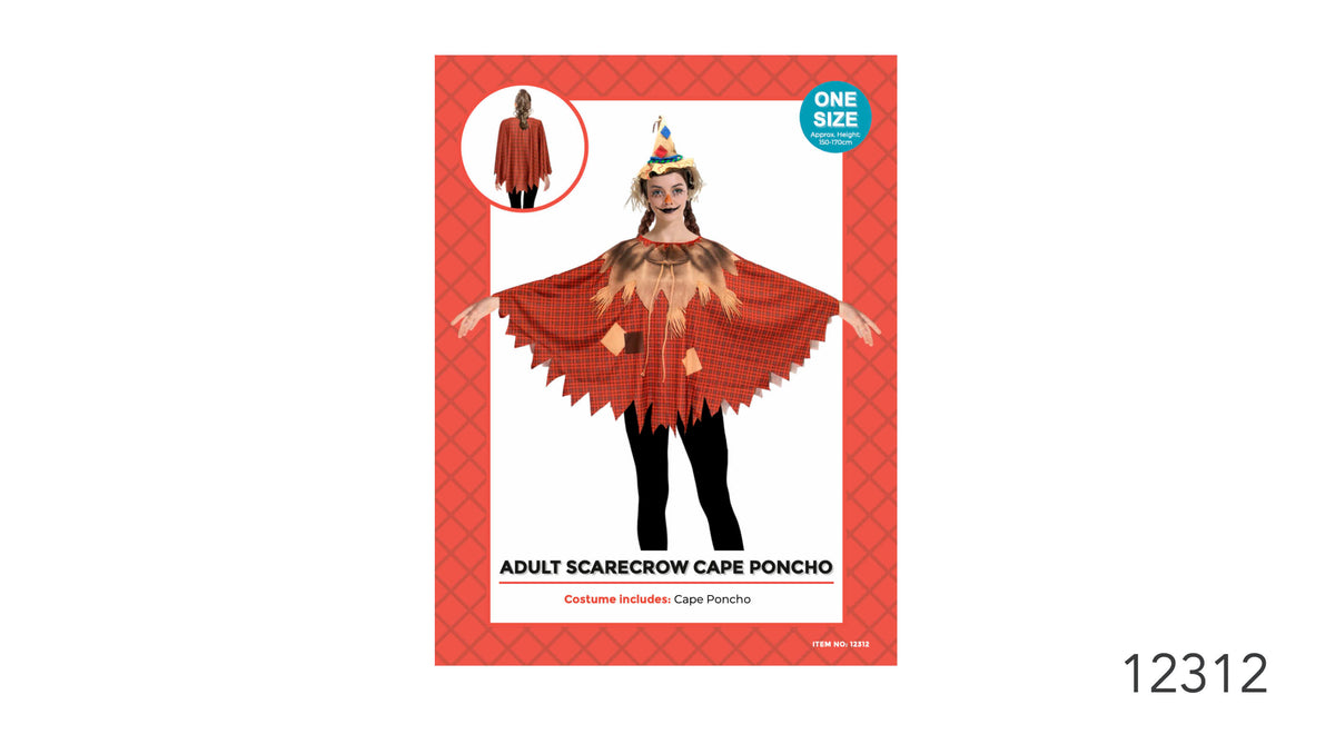 Red and black checked fabric appearance; Wide cape poncho shape with a jagged hem; Tan, straw-like neckline detail; Packaging states one size and approx. height 150–170 cm;