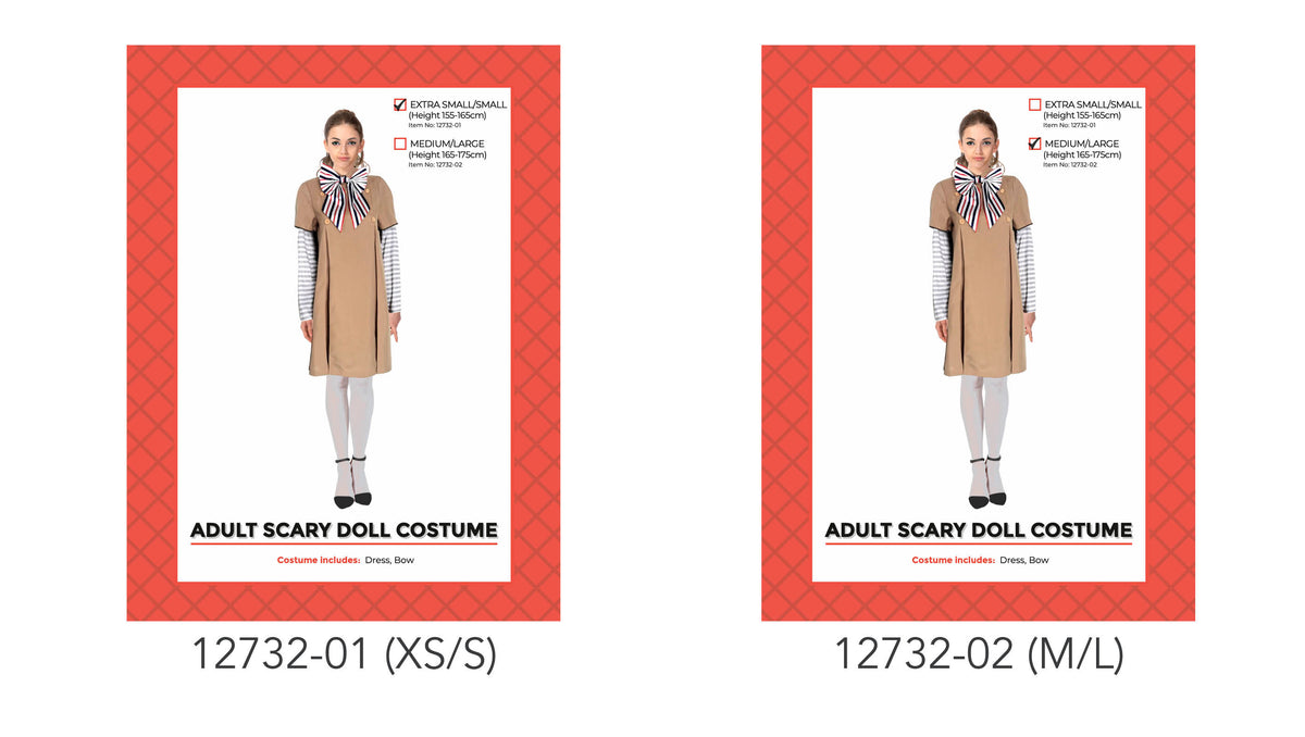 Tan, short-sleeved dress with a knee-length shape; Large red, white and black striped bow; Costume packaging shows XS/S and M/L size options;