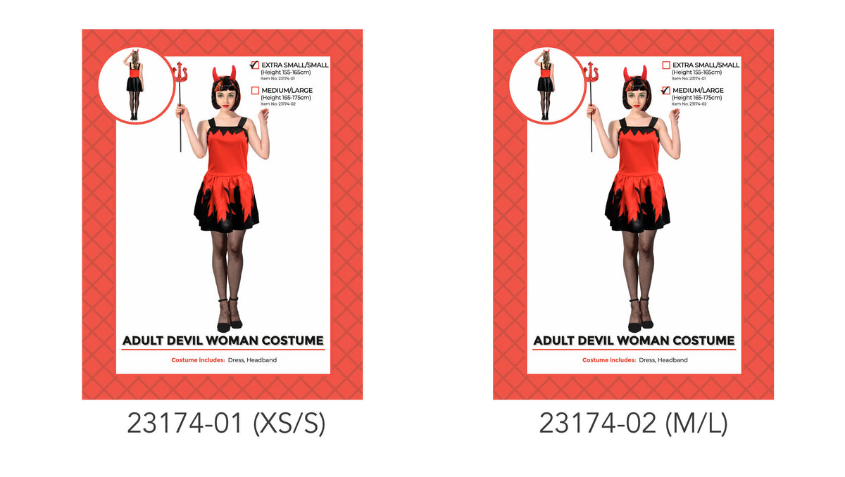 Red sleeveless dress with black shoulder straps; Black skirt with red flame-style panels; Red devil horn headband; Red patterned costume packaging;