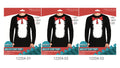 Black long-sleeved top with a round neckline; Large white fluffy cat-shaped graphic on the front; Red bow tie graphic at the neckline;