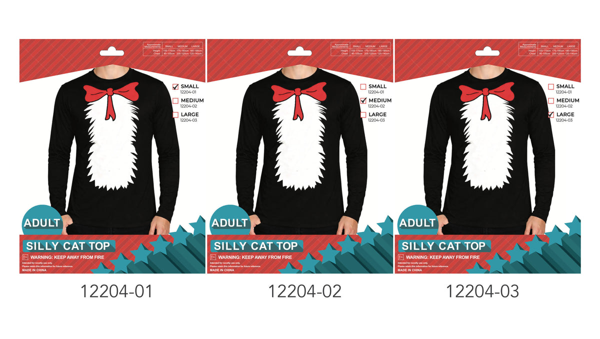 Black long-sleeved top with a round neckline; Large white fluffy cat-shaped graphic on the front; Red bow tie graphic at the neckline;