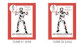 White top and pants with black splatter markings and red accents; Clown mask with black and red face details; Costume packaging has a red patterned border;