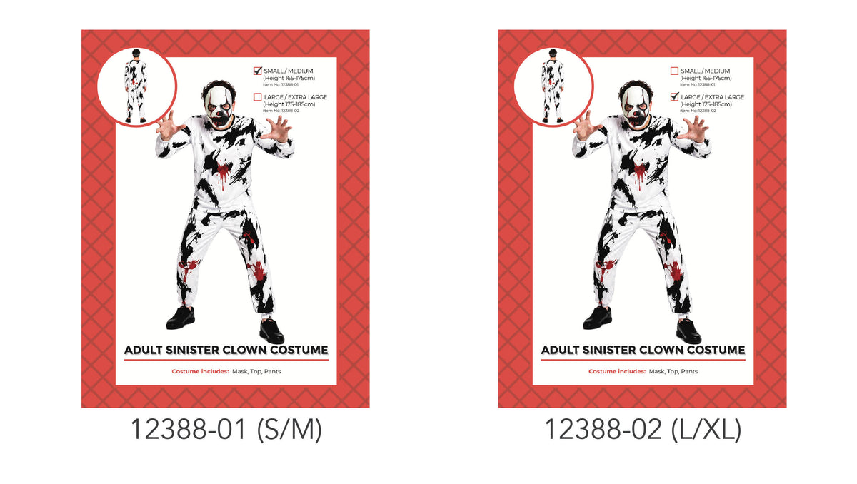 White top and pants with black splatter markings and red accents; Clown mask with black and red face details; Costume packaging has a red patterned border;