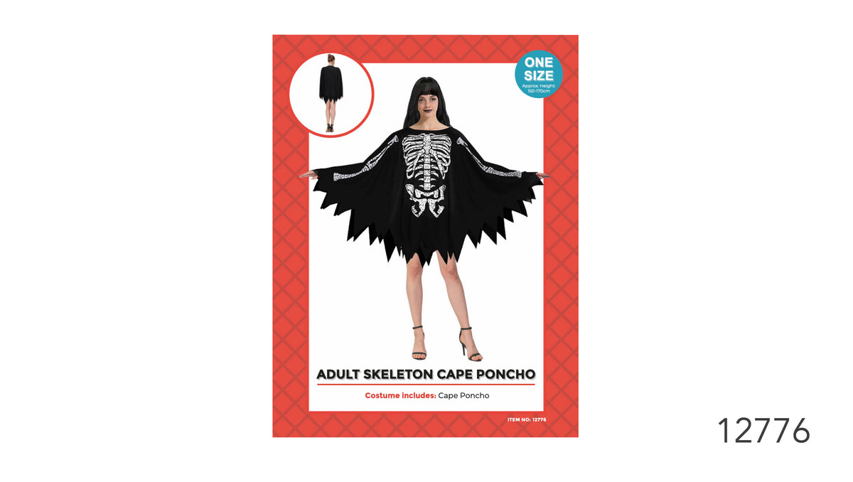 Black cape poncho; White skeleton print across the front and sleeves; Pointed, jagged edges; One-size packaging states an approximate height of 150–170 cm;
