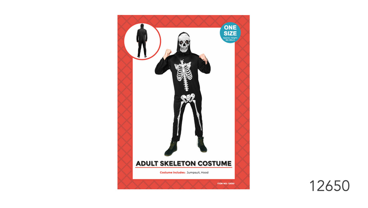 Black full-length jumpsuit with white skeleton print; Hood with a white skull design; Packaging states one size for approximate heights of 165–185 cm;