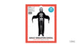 Black full-length costume with a white skeleton print; Long, draped sleeves; White mask with black facial details; Red and white costume packaging;