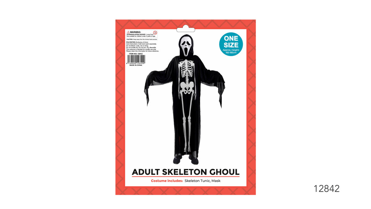 Black full-length costume with a white skeleton print; Long, draped sleeves; White mask with black facial details; Red and white costume packaging;