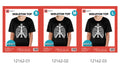 Black short-sleeve top with a round neckline; White skeleton ribcage graphic on the front; Red striped product packaging; Packaging displays S, M and L size examples;