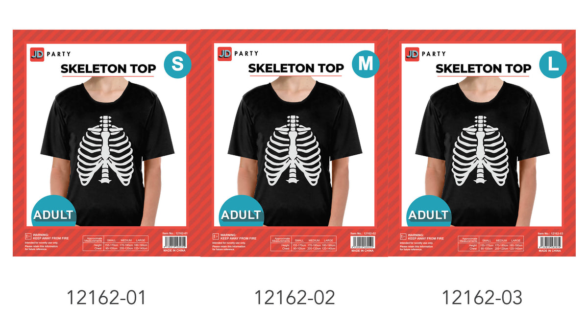 Black short-sleeve top with a round neckline; White skeleton ribcage graphic on the front; Red striped product packaging; Packaging displays S, M and L size examples;