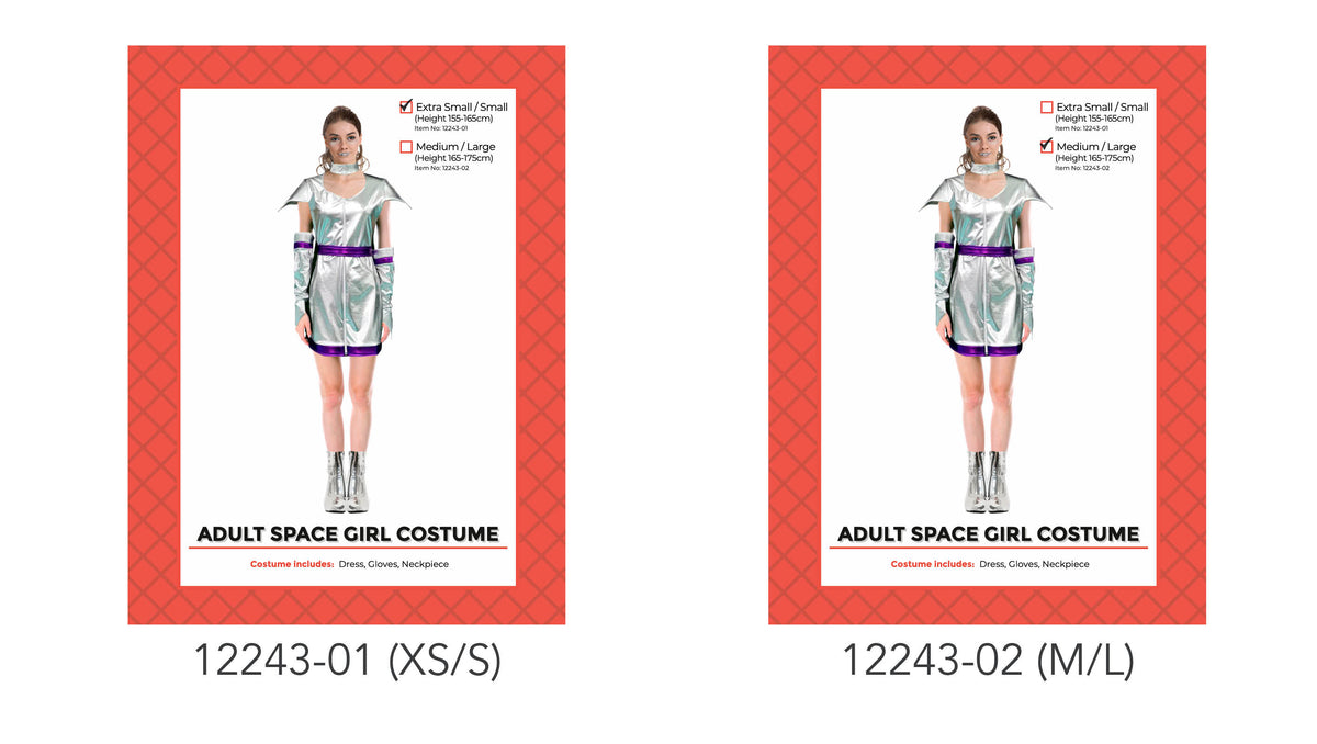Metallic silver-look short dress with purple trim; Long matching gloves with purple bands; Silver-look neckpiece;