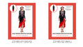 Black long-sleeved dress with a skeleton print; Red skirt panels and flower details; Decorative mask with red, white and black details; Black and red floral headpiece;