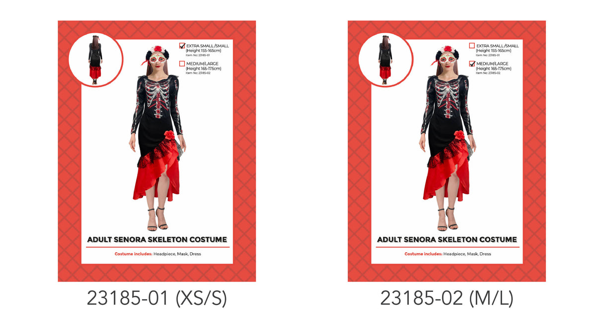 Black long-sleeved dress with a skeleton print; Red skirt panels and flower details; Decorative mask with red, white and black details; Black and red floral headpiece;