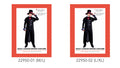 Black top hat with a burgundy band; Long black coat with layered front details; Burgundy neckwear; Silver-coloured buckles and buttons;