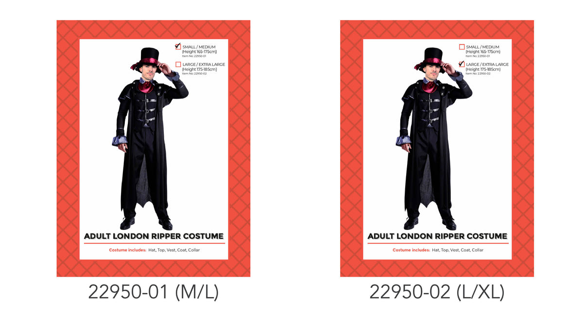 Black top hat with a burgundy band; Long black coat with layered front details; Burgundy neckwear; Silver-coloured buckles and buttons;