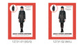 Black and grey vertical stripes; Jacket and matching skirt; White shirt collar and cuffs; Red patterned packaging;
