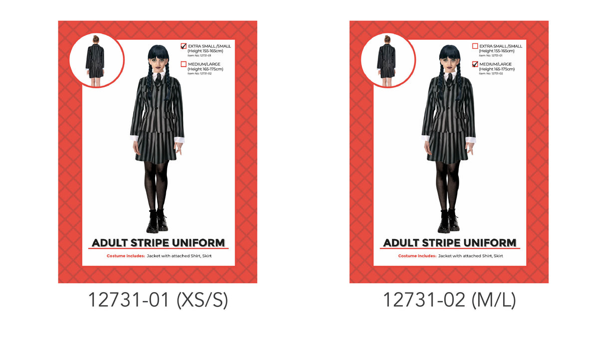 Black and grey vertical stripes; Jacket and matching skirt; White shirt collar and cuffs; Red patterned packaging;
