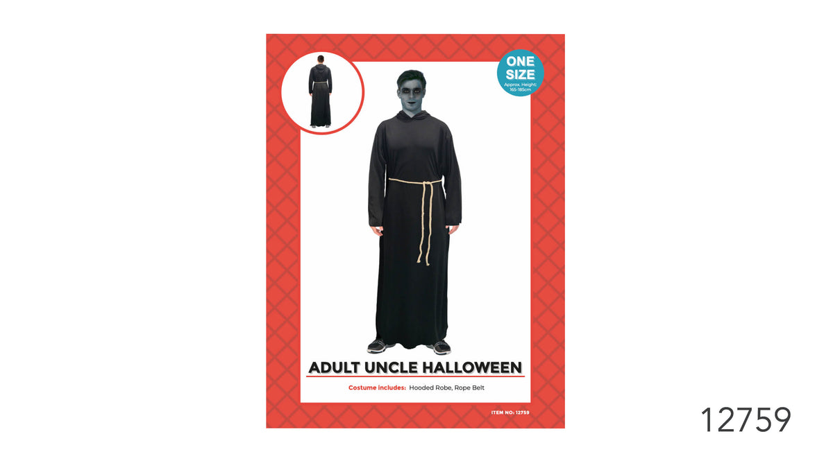 Long black hooded robe; Light-coloured rope belt; Full-length sleeves; Packaging states one size for approx. heights 165–185 cm;