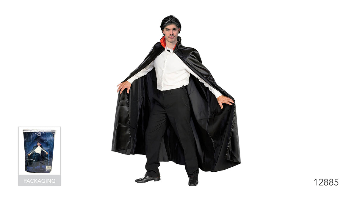 Long black cape; Red lining visible at the collar; Shiny fabric appearance; Packaged in a clear plastic bag;