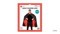 Black cape with red lining; Cape shown fastened at the neck; Product displayed in red and white retail packaging;