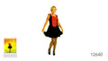 Black sleeveless dress with a short, flared skirt; Red panel down the front of the dress; Lace trim visible around the skirt hem; Costume shown on packaging with a yellow-orange background;