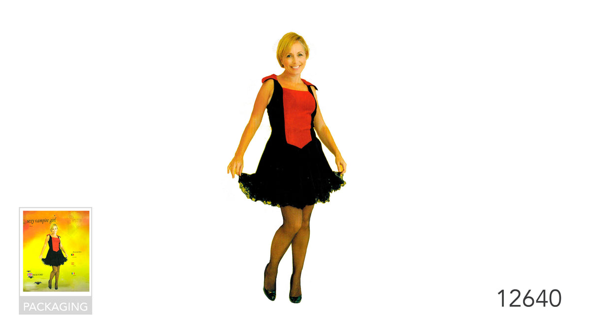 Black sleeveless dress with a short, flared skirt; Red panel down the front of the dress; Lace trim visible around the skirt hem; Costume shown on packaging with a yellow-orange background;