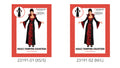Long black dress with red patterned panels; Large upright collar with red lining; Long flared sleeves with red patterned inserts;