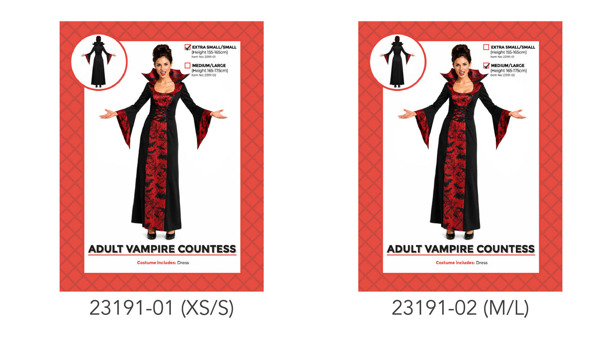Long black dress with red patterned panels; Large upright collar with red lining; Long flared sleeves with red patterned inserts;