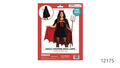 Black cape with a red lining; Hood with red devil horns; Red neck ties; Scalloped cape hem;