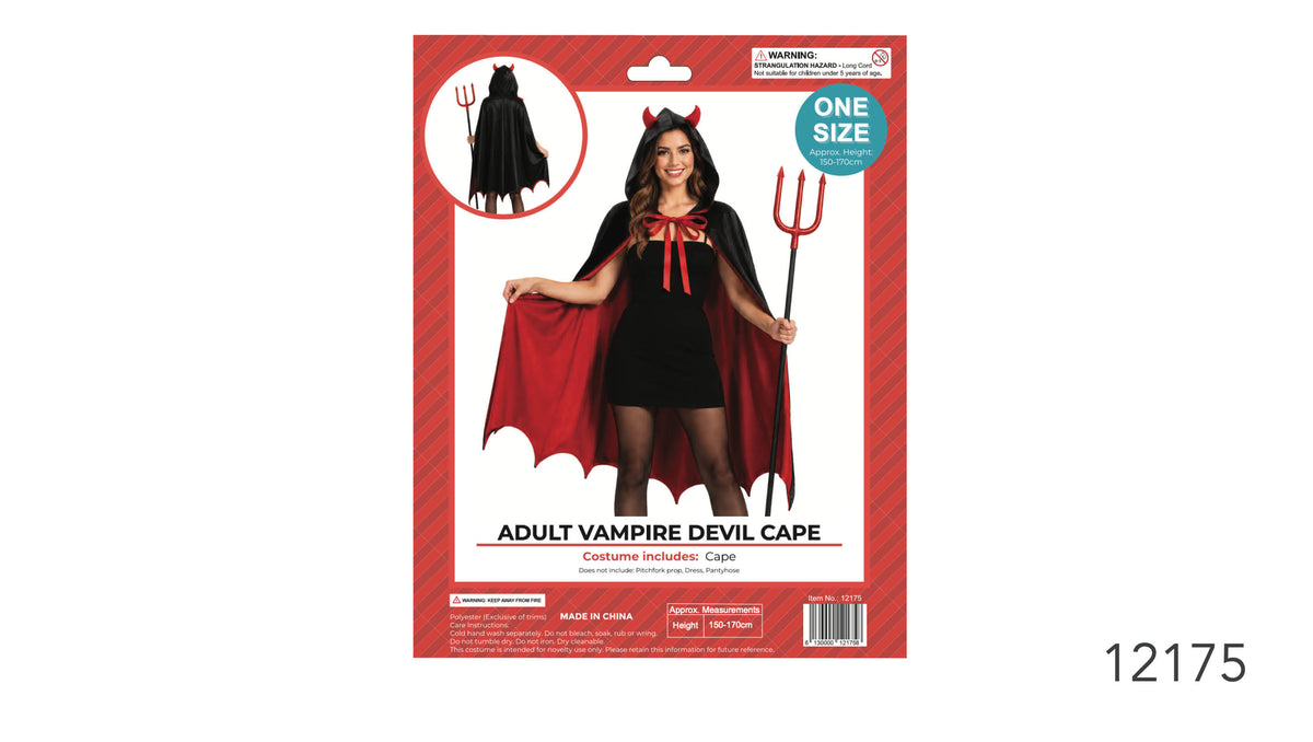 Black cape with a red lining; Hood with red devil horns; Red neck ties; Scalloped cape hem;