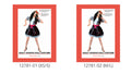 Black flared skirt with light blue cross-stitch motifs; Gingham puff sleeves; White bodice; Bright pink sash at the waist;
