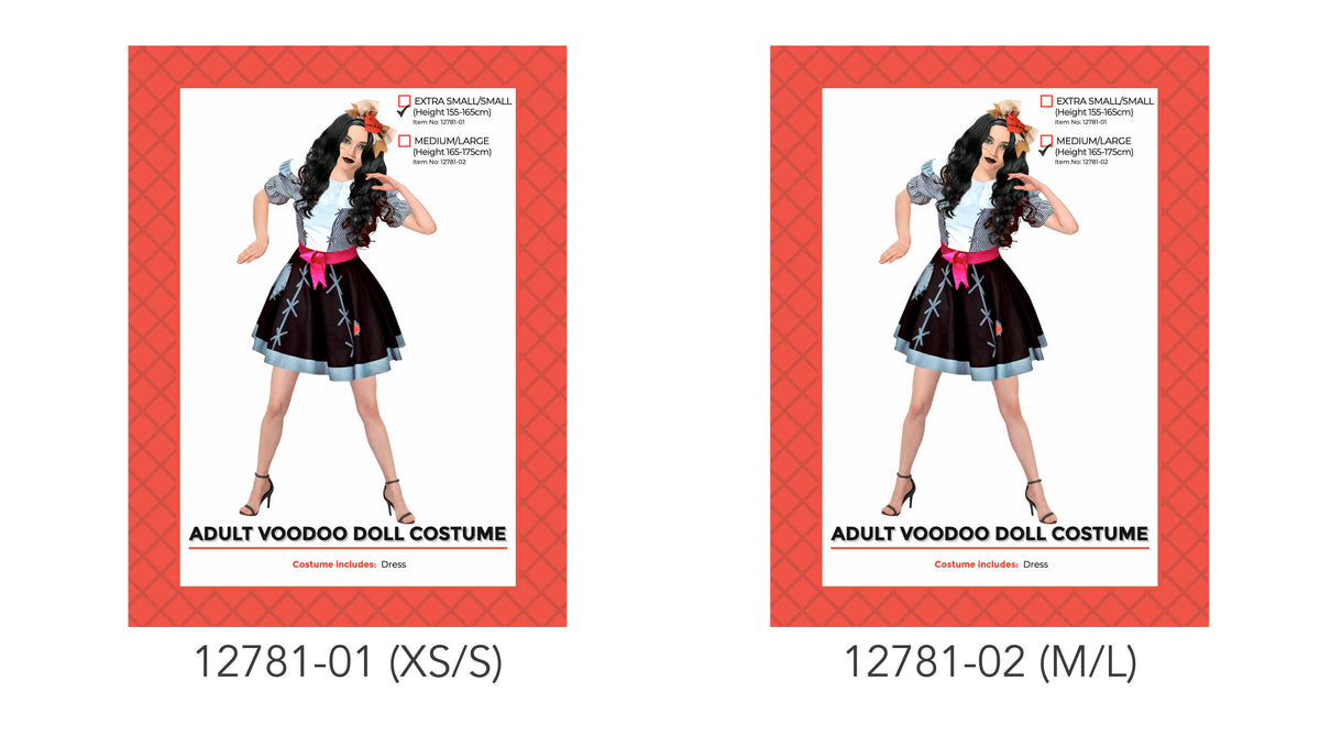 Black flared skirt with light blue cross-stitch motifs; Gingham puff sleeves; White bodice; Bright pink sash at the waist;