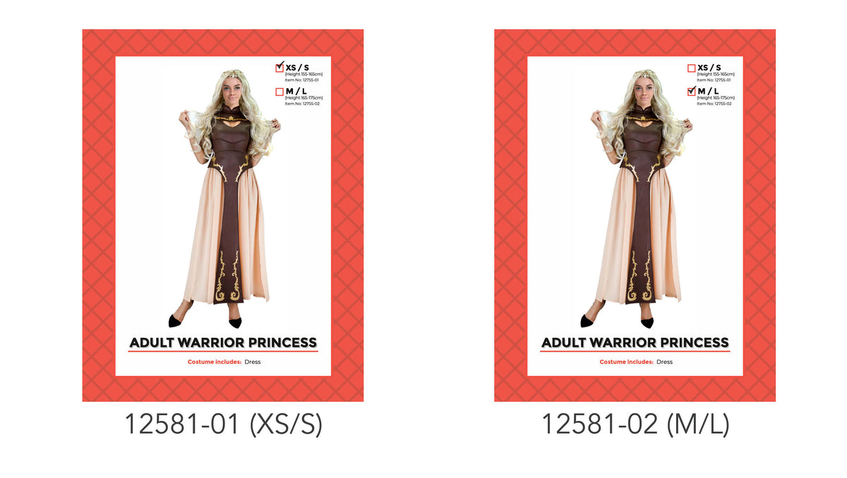 Long dark brown dress with pale flowing side panels; Gold-coloured decorative trim on the bodice and skirt; Costume packaging shows XS/S and M/L size options;