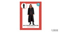 Long black hooded robe; Red trim around the hood and down the front; Glasses shown with the costume; Red and white product packaging;