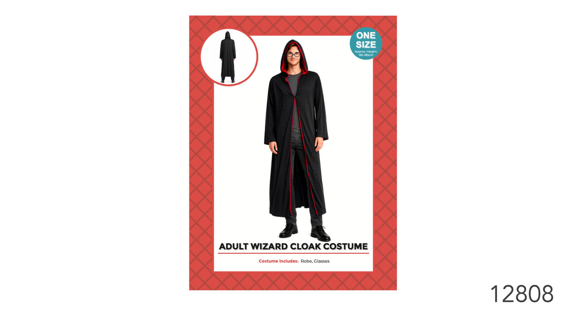 Long black hooded robe; Red trim around the hood and down the front; Glasses shown with the costume; Red and white product packaging;
