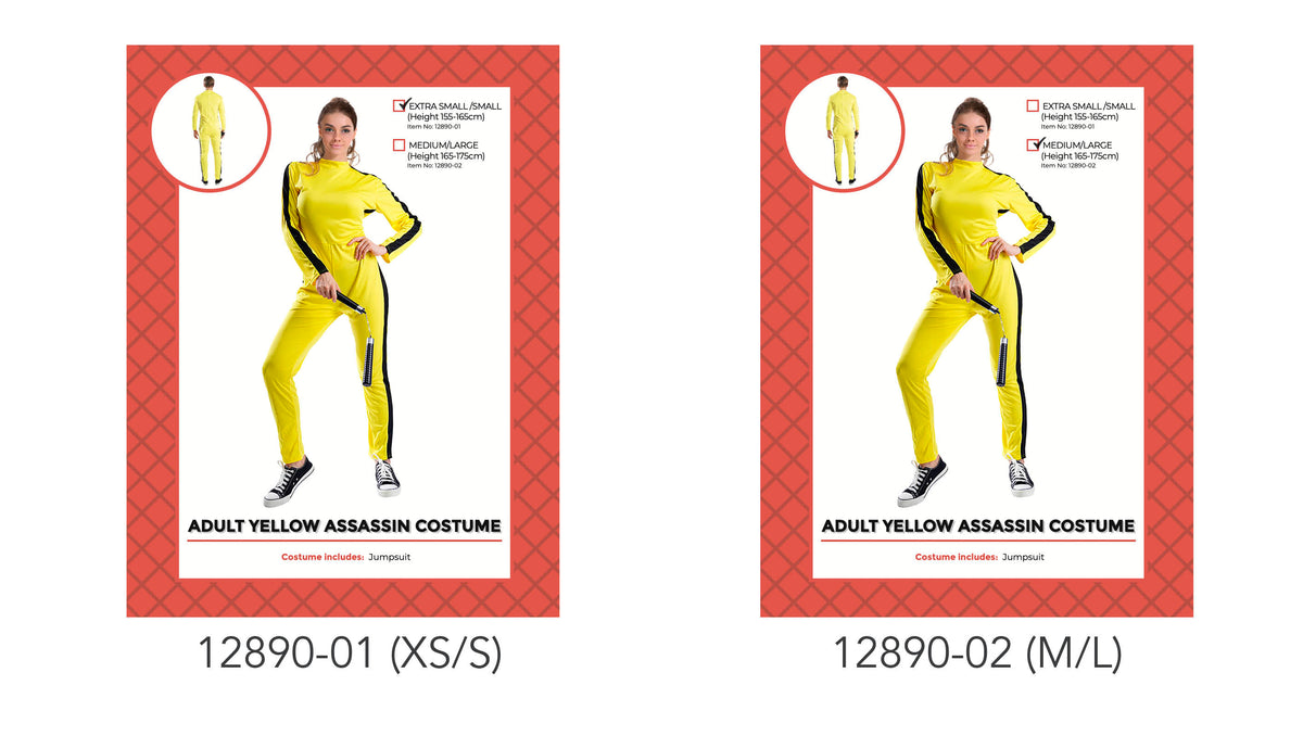 Bright yellow, full-length jumpsuit; Black stripes along the sleeves and legs; Long sleeves and crew neckline; Costume packaging shows the jumpsuit on a model;