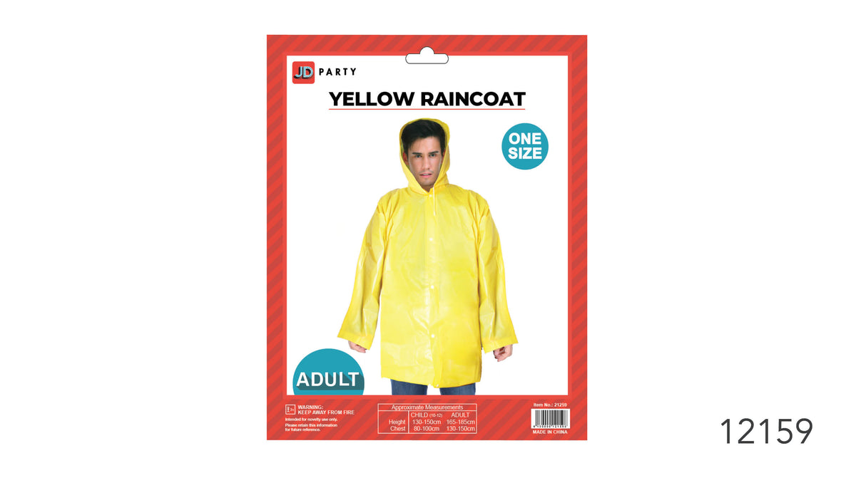 Bright yellow coat with a hood; Front button fastening; Long sleeves and below-hip length; Red and white retail packaging;