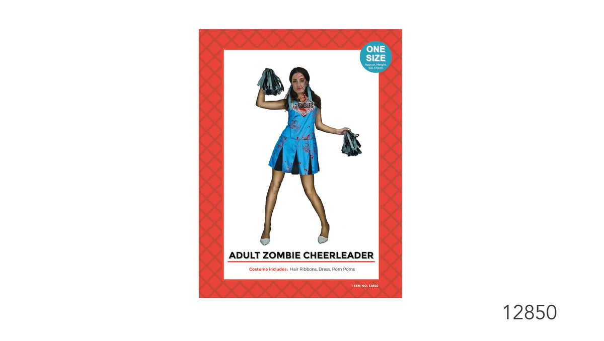 Bright blue sleeveless cheerleader dress with red splatter details; Dark-coloured pom poms; Red patterned costume packaging; One-size label showing approximate height of 150–170 cm;