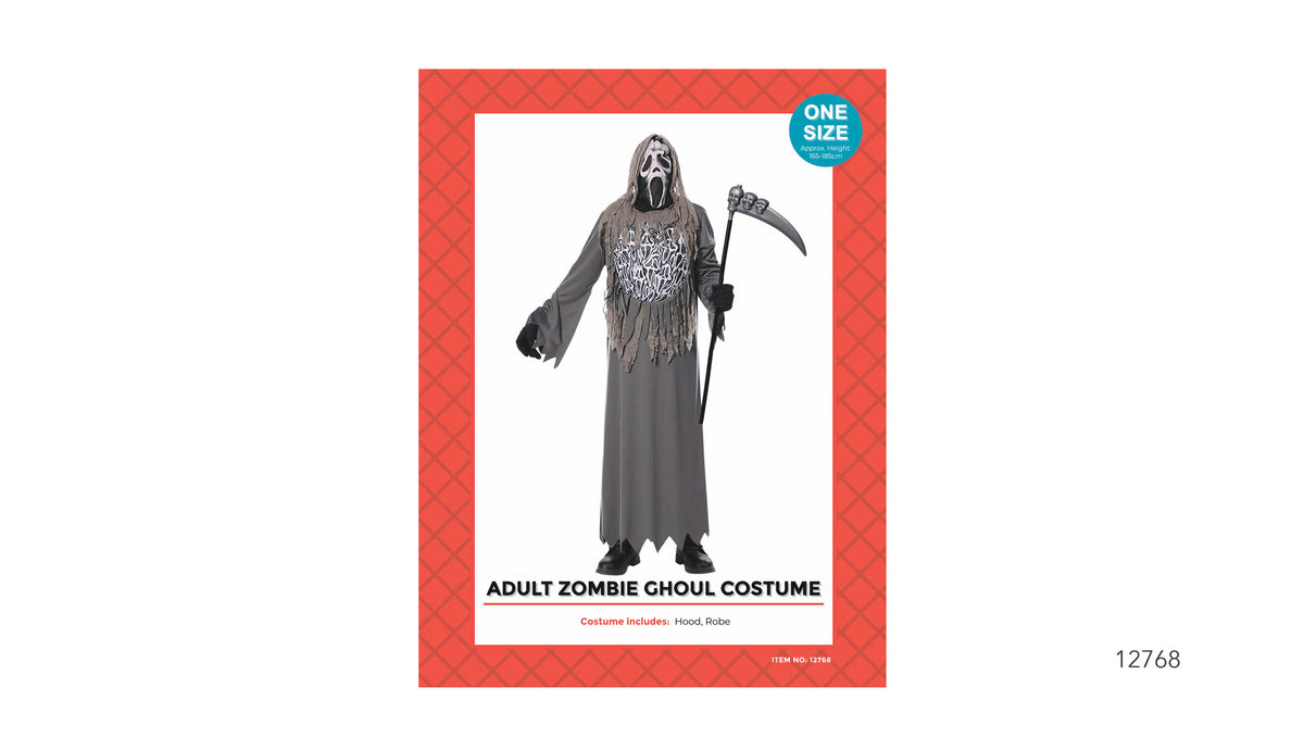 Long grey robe with a jagged hem; Hood with a printed skull-like face; Tattered-look fabric details across the front; Red patterned costume packaging;