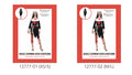 Black long-sleeved dress with jagged hems; White collar with red splatter print; Black headpiece with veil; Rope-style belt detail;